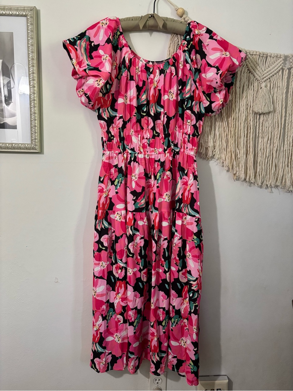 Grace Karin Pink Floral Maxi Dress with Black Accents